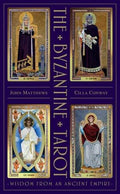 Bizantijos tarot kortų rinkinys — violetinė dėžutė su keturiomis auksuotomis bizantiškomis kortomis ir autoriais