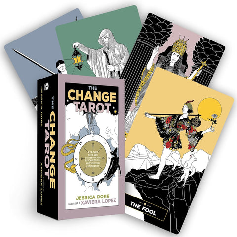 Tarot kortos The Change Tarot – 78 kortų komplektas su dėžute ir išskleistomis iliustruotomis kortomis, juodos‑auksinės ir pastelinės paletės