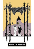 Keturių lazdelės tarot korta, pilkai–gelsvas fonas, dvi figūros po vynuogių vainiku — stiliaus kortos variantas