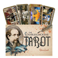 Tarot kortos The Charles Dickens – iliustruota dėžutė ir keturios išskleistos kortos, matomas viršelis ir unikalus dizainas