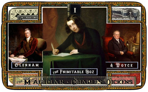 Kolekcinė skardinė Charles Dickens portretais ir ornamentuotu rėmu, juodos‑žalios spalvų variantas, centrinis rašantis portretas