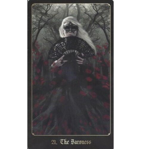 tarot korta Baroness — juoda ilgo portreto kompozicija su baltaveide moterimi, kauke ir vėduokle, raudonų rožių akcentai