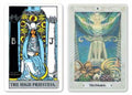 tarot kortos — dvi variantų priekinės iliustracijos: mėlyna Aukštoji kunigė su mėnuliu ir eterinė tinklinė kunigė