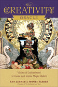 Knyga „The Creativity Oracle“ autorių Amy Zerner ir Monte Farber, violetinis ir auksinis viršelis su ornamentine iliustracija – spalvinga šokanti moteris tarp gulbių, skirtas produktų galerijos viršeliui