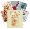 Da Vinci Enigma Tarot kortų rinkinys su beige viršeliu, Leonardą vaizduojančiu piešiniu ir fanuotais eskizų kortelėmis