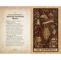 tarot korta The Hierophant — ruda medžio raižinio iliustracija su SkekZok personažu ir aiškinamuoju tekstu