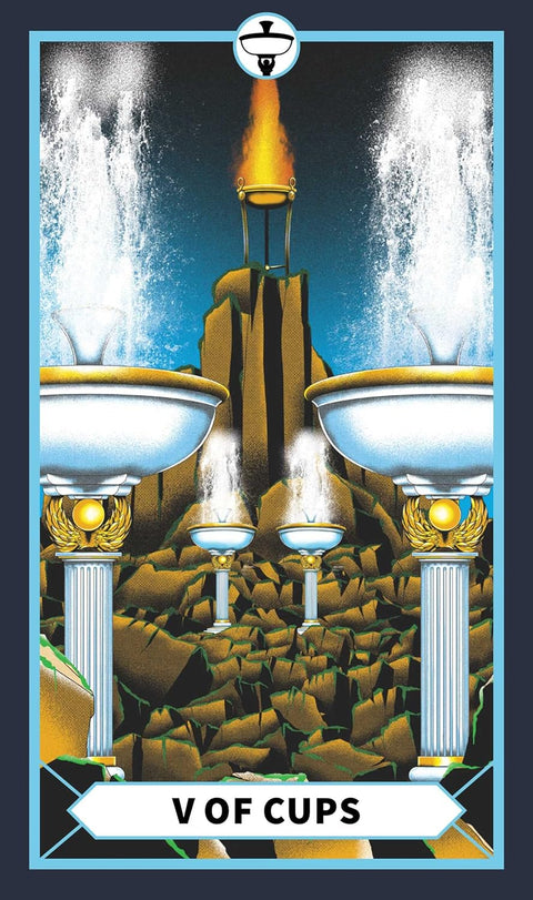 Tarot korta Penki taurės — pilno priekinio plano iliustracija mėlynais ir aukso tonais iš stalo taro rinkinio