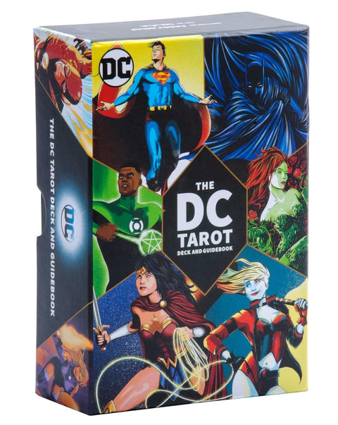 DC tarot kortų rinkinys, spalvinga priekinė dėžutė su Supermanu, Wonder Woman, Harley Quinn, Green Lantern ir Poison Ivy