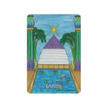 tarot korta Garden: priekinė kortos pusė su mėlynu baseinu, lelijomis, auksine žvaigžde ir laiptais į piramidę