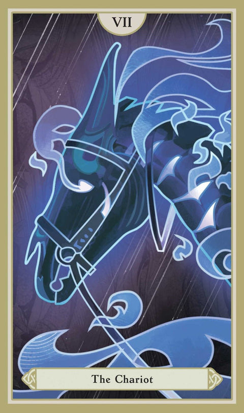 Tarot korta The Chariot (VII) mėlyna žirgo iliustracija, vertikalus kortos variantas parduotuvės galerijai