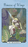knyga Princess of Wings — priekinis viršelis su mėlynu fonu, sėdinčia angeliška figūra, žaliais drugeliais ir užrašu The Messenger
