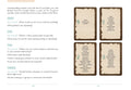 Tarot kortos — numerių 0–3 raktiniai žodžiai dešinėje ir interpretacijų klausimai bei paaiškinimai kairėje pusėje