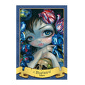 Tarot korta Nr. 17 Bluebeard – paslaptinga mėlyna mergaitė su raudonais žiedais ir kaukole apačioje