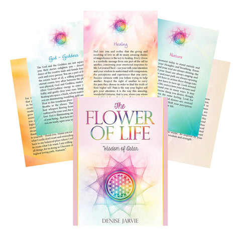 Knyga The Flower of Life (Denise Jarvie) – pastelinio viršelio ir atverstų, spalvotų puslapių fanuotas rodinys