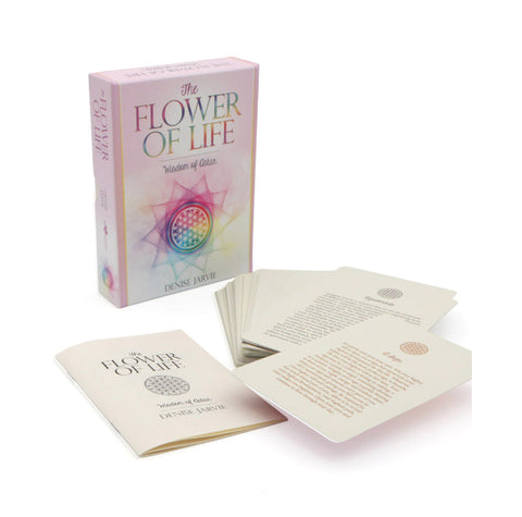 kortų rinkinys The Flower of Life su pastelinio dizaino dėklu, atverstomis interpretacijos kortomis ir bukletu