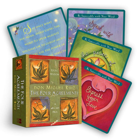 Kortų rinkinys The Four Agreements Don Miguel Ruiz, 48 kortų dekas su spalvotomis pavyzdinėmis kortelėmis fanuojant ir dėžute