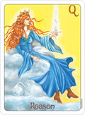 Tarot korta „Reason“: karūnuota Kardų karalienė mėlynoje suknelėje laiko kardą ir sėdi ant debesies, unikalus variantas
