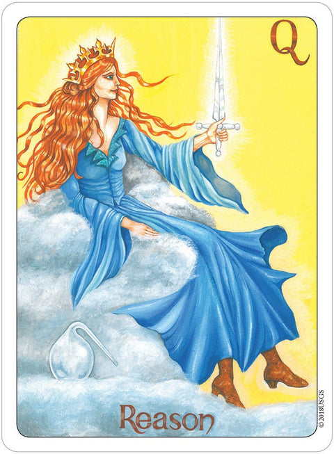 Tarot korta „Reason“: karūnuota Kardų karalienė mėlynoje suknelėje laiko kardą ir sėdi ant debesies, unikalus variantas