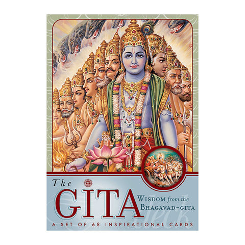 Gita kortelės – 68 kortelių rinkinys su spalvingu Bhagavad‑Gita viršeliu, vaizduojančiu daugiaveidį Viešpatį, lotosą ir mažą karo vežimo įterpimą