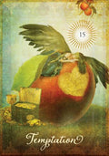 Tarot korta Temptation su angelu ant raudono obuolio, skaičius 15 ir atvira lobio skrynia