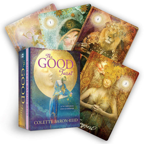 Tarot kortos The Good Tarot Colette Baron‑Reid, komplekte dėžutė ir kelios iliustruotos aukso atspalvių kortos