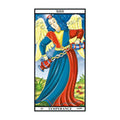 Tarot korta Temperance (Rider–Waite), mėlynos ir raudonos spalvos, stačia orientacija, angelas pilsto vandenį