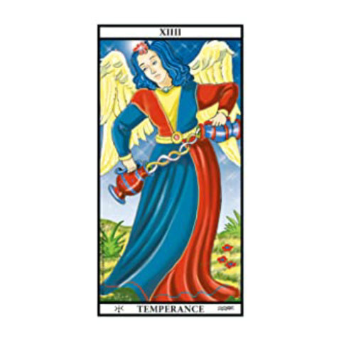 Tarot korta Temperance (Rider–Waite), mėlynos ir raudonos spalvos, stačia orientacija, angelas pilsto vandenį