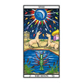 Tarot korta Mėnulis – Rider‑Waite stiliaus spalvota, vertikali korta su vilkų, vėžlio ir mėnulio simbolika, artimas planas