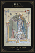 tarot korta Hel, korta Nr.1 su juodu ornamentuotu rėmu, pavaizduota senmergė su raktais, varnomis ir mistiniu šunimi