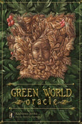 Green World Oracle kortų rinkinys su aukso užrašu, žaliu lapų fonu ir stilizuotu medžio veidu ant viršelio, iliustr. Sandra Stanton