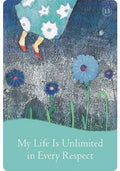 Knygos viršelis su žydru fono piešiniu, mėlynomis gėlėmis, raudonomis batelėmis ir anglų pavadinimu My Life Is Unlimited in Every Respect