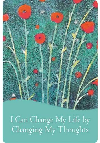 Knyga 'I Can Change My Life by Changing My Thoughts' su žaliu viršeliu ir raudonomis aguonomis, priekinis viršelis