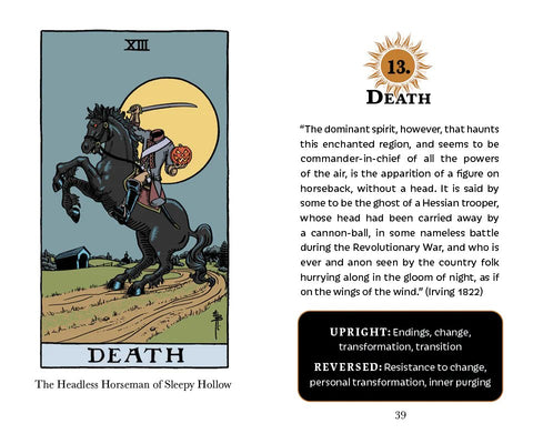 tarot korta Mirtis su beagalvio raitelio iliustracija ant juodo žirgo prieš pilnaties foną, unikalus Sleepy Hollow variantas
