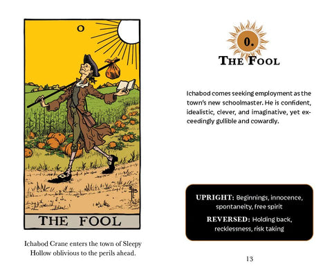 Tarot korta The Fool su geltonu fonu ir iliustracija kairėje, aiškinamasis tekstas ir reikšmės dešinėje