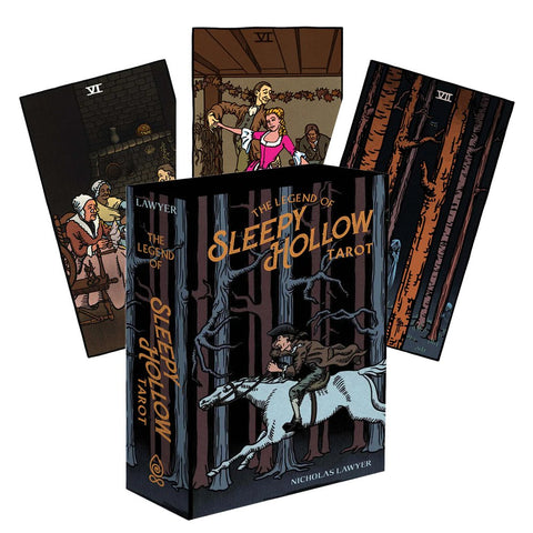 tarot kortos The Legend of Sleepy Hollow Nicholas Lawyer — juoda dėžutė su tamsiomis iliustracijomis ir trys skirtingos kortos
