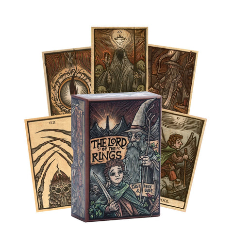 Lord of the Rings tarot kortos, iliustruota dėžutė su Gandalfu ir Frodo priekyje ir penkios atleistos, fanuotos kortos
