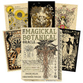 Magickal Botanical Oracle kortos — dėžutė su šaknų žmogaus motyvu priekyje ir penkios dekoratyvios augalų iliustracijos kortos išrikiotos fone