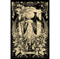 Plakatas Belladonna juodo fono su kreminiais ornamentais, 50×70 cm, centrinė stilinga moters figūra ir gausūs augaliniai raštai
