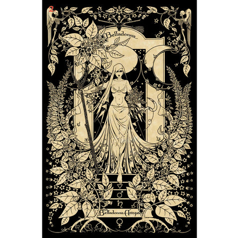 Plakatas Belladonna juodo fono su kreminiais ornamentais, 50×70 cm, centrinė stilinga moters figūra ir gausūs augaliniai raštai