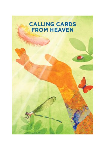 knyga Calling Cards From Heaven — žalias akvarelinis viršelis su ištiesinta ranka, laumžirgiu, boružele ir plunksna, galerijos pagrindinis variantas