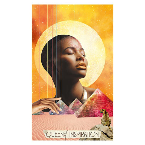 Plakatas Queen of Inspiration, didelio formato meninis portretas juodaodės su auksine aureole, rožinėmis piramidėmis ir leopardu