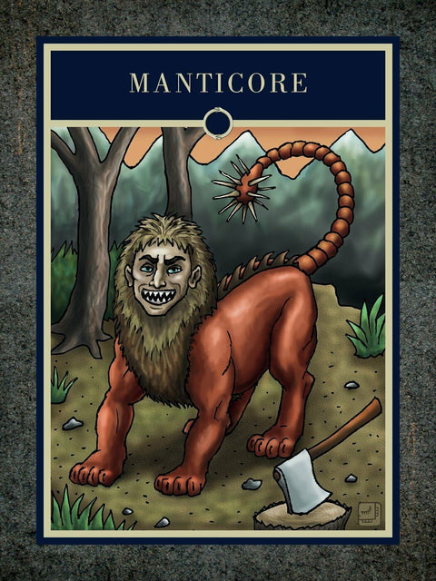 Manticore korta — frontali raudonai ruda būtybė su žmogaus veidu ir spyglia uodega miško fone, priekyje kirvis