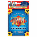 Stambiu planu mėlyna Wizard kortų žaidimo dėžutė su raudonu rombu, keturių kortų ženklai ir šūkiu „The winning is in the BIDDING!“