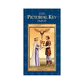 Pictorial Key tarot kortos dėžutės priekinis viršelis mėlynu rėmu ir aukso rėmu su dviejų žmonių taurės susitikimo iliustracija