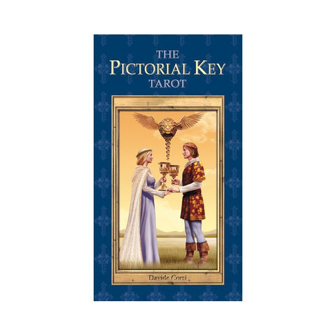 Pictorial Key tarot kortos dėžutės priekinis viršelis mėlynu rėmu ir aukso rėmu su dviejų žmonių taurės susitikimo iliustracija