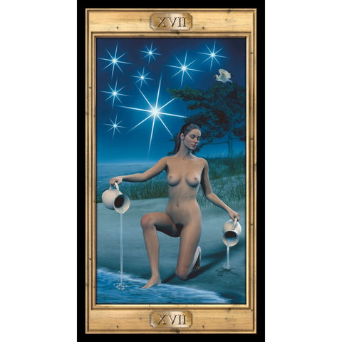 tarot korta Žvaigždė (XVII), rėmuota iliustracija su nuoga moterimi keliantis prie vandens ir žvaigždžių fonu