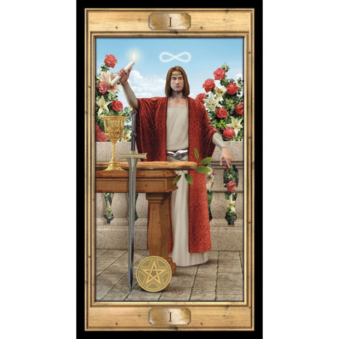 Tarot korta Magas — detalus I kortos piešinys: raudonas apsiaustas, auksinė taurė, kalavijas, penkiakampė moneta ir begalybės simbolis