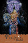 Knyga The Promethean Oracle su violetine mandala ir liepsnos siluetu viršelyje, antikinė skulptūra ir Anubio profilis