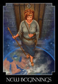 tarot korta New Beginnings, moteris žengia nuo Žemės per mėlyną aurą, viršutinis frontalinis vaizdas, parduotuvės pagrindinė variacija