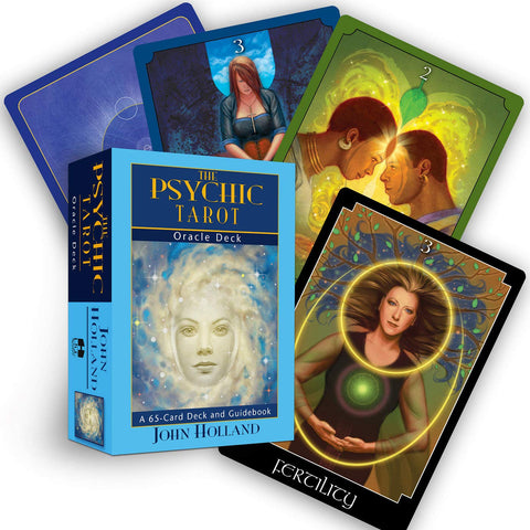 Tarot kortos The Psychic Tarot mėlyname dėkle, rodoma pakuotė ir trijų spalvingų kortų fanuotas išdėstymas